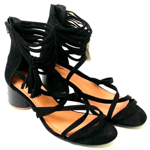 Qupid BLACK MAN MADE SUEDE LEATHER STRAPPY TASSEL ZIP BACK 2"HEEL SLINGBACK 7 US - Picture 1 of 8